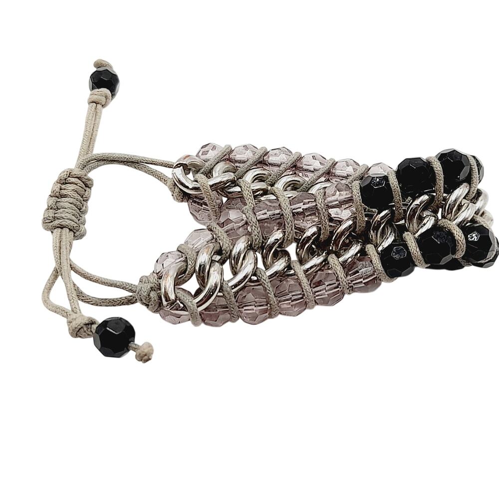 Artisan Black & Lilac Glass Beaded Macrame Bracelet - 6 1/2 Inch to 8 1/2 Inch